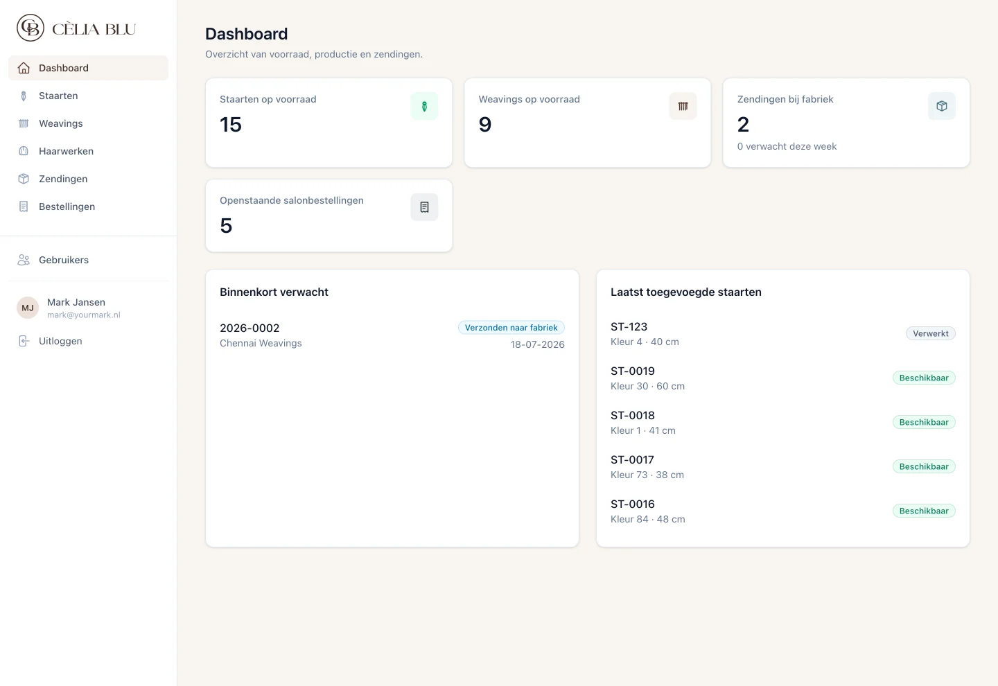 Het dashboard van de voorraadapplicatie van Cèlia Blu op een laptop